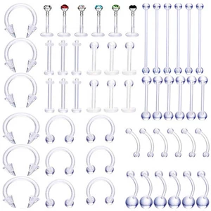54PCS Clear Nose Ring Studs Bioflex Retainer Navel Lip Cartilage Tongue Piercing - Picture 1 of 10