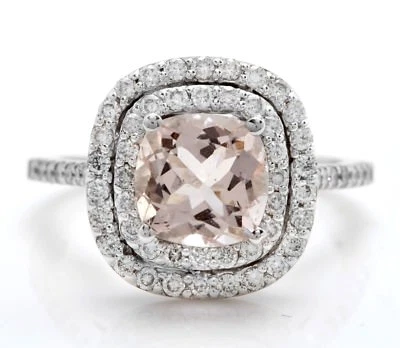 Anillo de mujer de oro blanco macizo de 14 quilates con morganita y diamantes genuinos naturales de 2,58 quilates Foto 1 de 4
