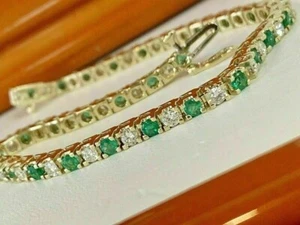 Bracciale Tennis Placcato Oro Giallo Oro Giallo 9Ct Rotondo Smeraldo & Diamante Bianco 7 pollici - Foto 1 di 11