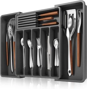 Extendable Cutlery Drawer Organiser, Cutlery Tray Adjustable with Knife Holder - Picture 1 of 30