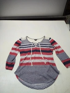 Joe Boxer blouse Size M White, Red & Blue Stripe Lace Accent 3/4 Sleeve - Picture 1 of 5