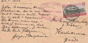 EGIPTO: Congreso ferroviario cancelar 1933, 13 milles en postal a Suecia, escaso. - Imagen 1 de 2