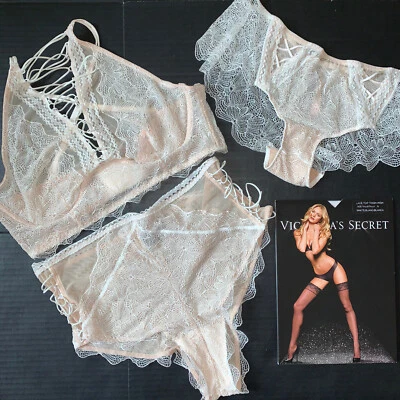 Victoria's Secret M 34D/34C/36B CONJUNTO SUJETADOR CUELLO ALTO + ENCAJE BEIGE blanco Foto 1 de 4
