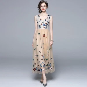 Lady Butterfly Embroidery Lace Mesh Long Dresses Sleeveless V Neck Elegant Fairy - Picture 1 of 12