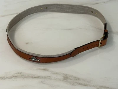 World Wide Sportsman Brown Leather Canvas Fish Belt Metal Swordfish Mens Size 38 - Image 1 of 4