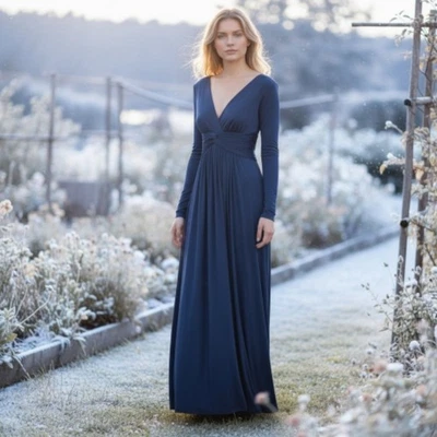 Vestido Jersey BCBG Max Azria Ember Azul Marino Manga Larga Cuello en V Plisado Cintura M Formal Foto 1 de 4