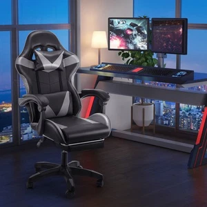Massage Gaming Chair Leather Racing Office Executive Recliner with Leg Rest Grey - Picture 1 of 16