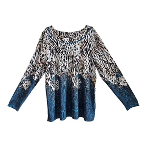 SUSAN GRAVER Women's L Tunic Top Animal Print Paisley Artsy Liquid Knit 44" - Picture 1 of 6