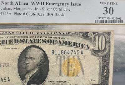 MID GRADE 1934 A $10 NORTH AFRICA Silver Certificate! PCGS 30 (AJJ)  WW 2 Emer - Image 1 of 4