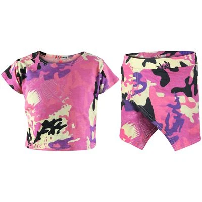 Girls Tops Camouflage Print Crop Top & Skort Skirt Shorts Summer Clothing Sets - Image 1 of 2