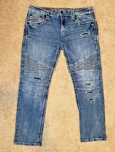 Pantalones de mezclilla Rock Revival desgastados para hombre 38x32 - estilo motociclista Nouret, costuras pesadas - Imagen 1 de 15
