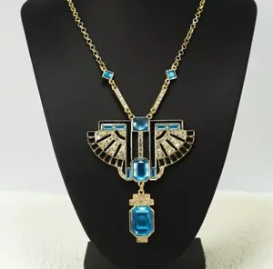 Collar estilo Art Deco cadena dorada cristal azul llamativo - Imagen 1 de 4
