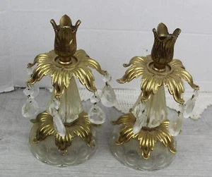 Pair Candle Holders Baroque Style Crystal Prisms Glass Brass like Accents Decor - Picture 1 of 8