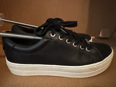 J/SLIDES NYC HILTON Logo Platform Leather Sneakers Shoes Womens Size 7M Black - Image 1 of 4