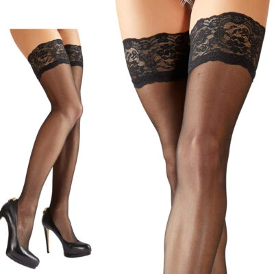 Halterlose Strümpfe S-4XL breite Spitze Strapse schwarz Silikon stockings "Sassa - Bild 1 von 4