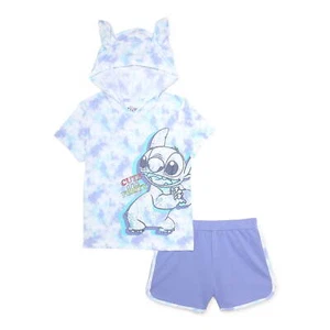 Disney Stitch Girls 2 Piece Hooded Shirt and Short Set Sizes 4-10 Cosplay Outfit - Picture 1 of 9