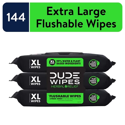 DUDE Wipes Disposable Wipes XL Wet Wipes for Home Use, Herbal Relief, 144 Count