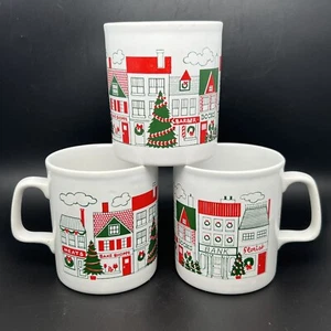 Vintage Staffordshire Kiln Craft Mugs Cups Set Of 3 Christmas Village Red Green - Picture 1 of 15