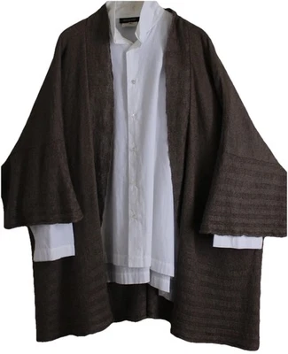 Eskandar O/S SAND BROWN GREEN Linen Melange 32"L Knit Cardigan Sweater Jacket  - Image 1 of 4