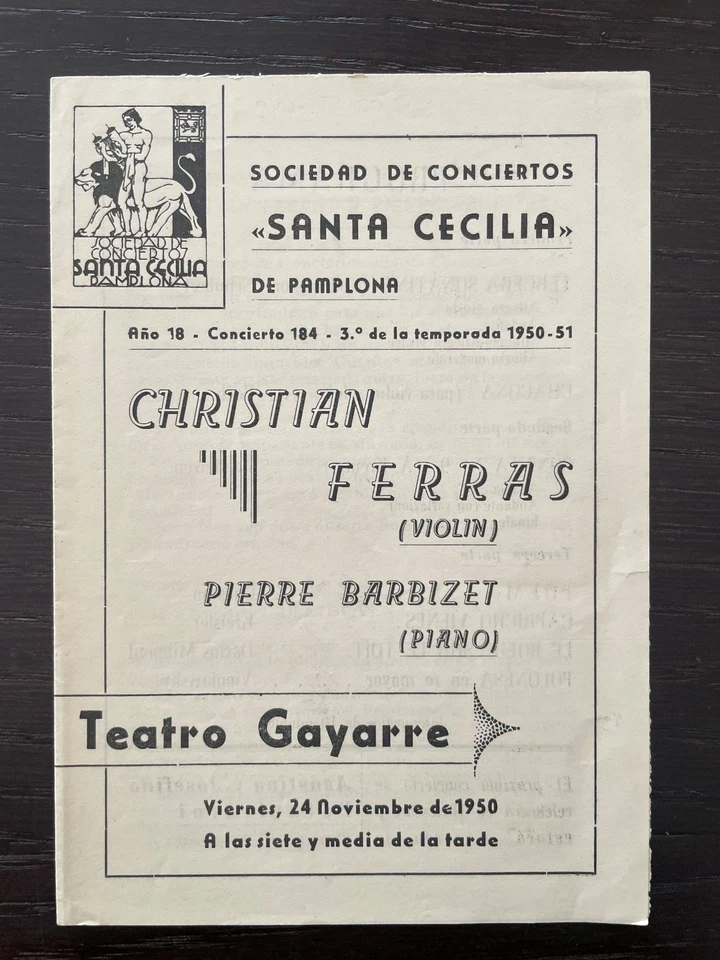 CHRISTIAN FERRAS - Programa de recitales de violín 24/11/1950 Schubert, Bach, Milhaud etc. Foto 1 de 1