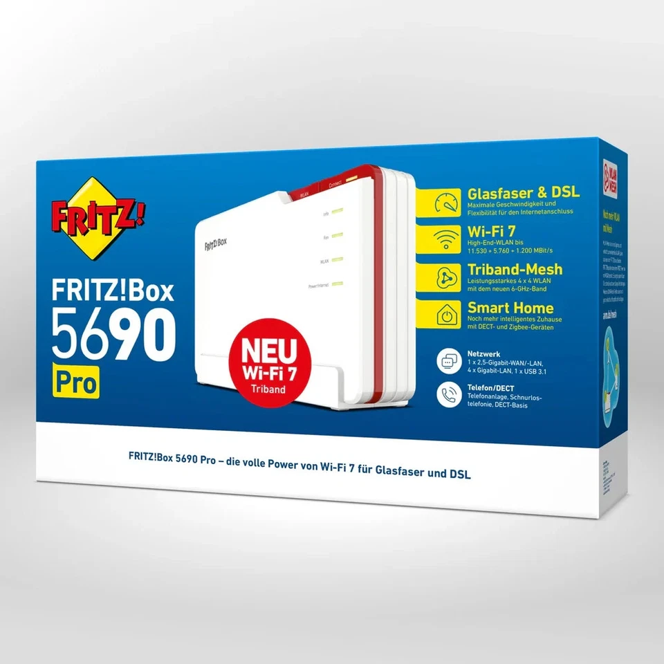 AVM FRITZ Box 5690 Pro WLAN Glasfaser Router 2.4 GHz 5 GHz 6 GHz 11 GBit/s
