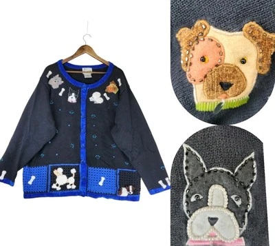 The Quacker Factory Embroidered Puppy Dog Cardigan Womens 3X Black Poodle Patch - Image 1 of 4