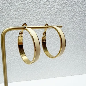 Vintage Monet Enamel Hoop Earrings Cream Gold Tone - Picture 1 of 4