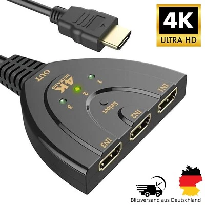 TECHMARKT24 HDMI 3in1 Splitter Switch Kabel Adapter Umschalter Verteiler Hub 4K @60Hz UHD TV