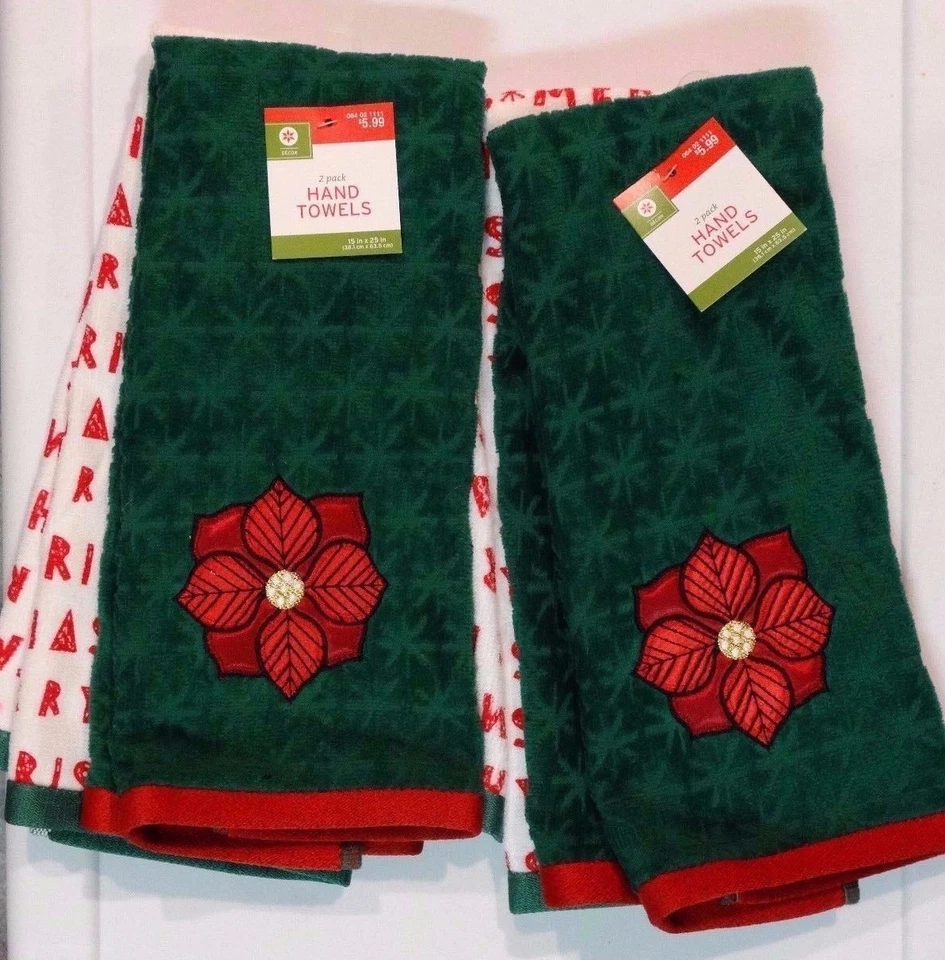 Set of 2 Decor by Target Hand Towels Holiday Green & Red Merry Christmas