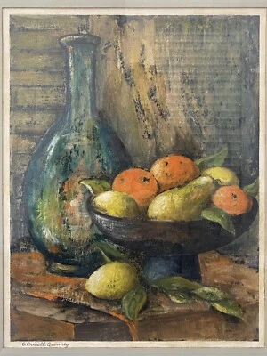 🔥 Pintura al óleo vintage antigua de mediados de siglo moderna bodegón frutas, QUINNEY AÑOS 50 Foto 1 de 4