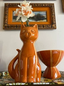 Vtg MCM Hull Pottery Persimmon Continental Orange Cat Vase Planter & Bowl - Picture 1 of 18
