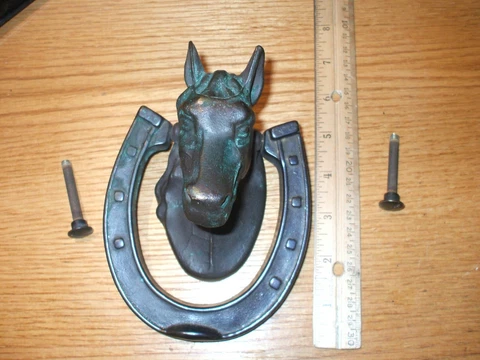 Very Old 6" Heavy BRASS HORSE Head & Horseshoe DOOR KNOCKER /FREE SHIPPING Cover
