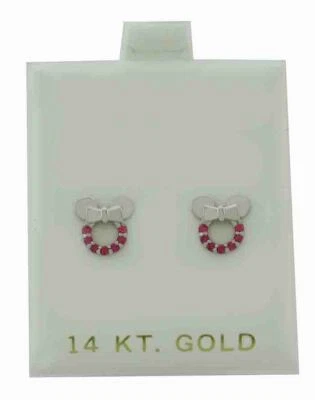 LAB CREATED RUBY STUD BOW EARRINGS 14K WHITE GOLD - New With Tag & FREE Gift Box - Image 1 of 3