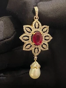 Pave 7.10 Cts Round Brilliant Cut Diamonds Ruby Pearl Pendant In 585 14K Gold - Picture 1 of 12