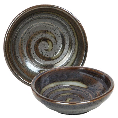 SET of 4 Japanese 3.25"D Wasabi Soy Sauce Dipping Dish Brown Swirl Made in Japan