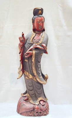 Deslumbrante escultura antiga de madeira maciça 48” Kuan Yin com pérola - dragão - peixe - Imagem 1 de 4