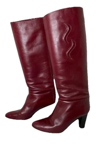 VTG 80s Hana Mackler Italian Leather Tall Heeled Boots Burgundy Disco Sz 7.5 - Picture 1 of 17