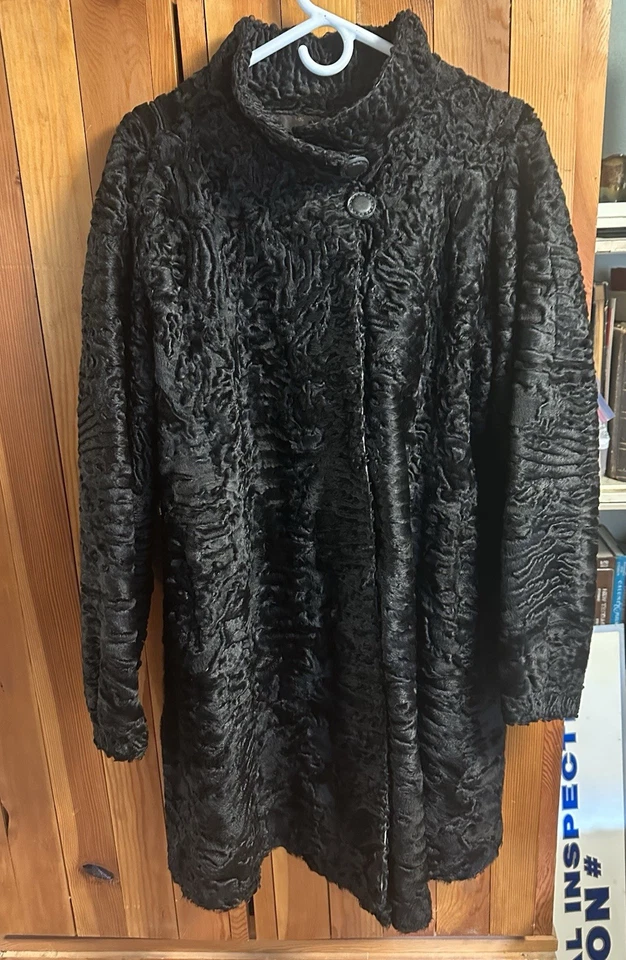 Swakara PERSIAN LAMB Coat  Size XL /16 BLACK Curly Wave Beautiful - Image 1 of 4