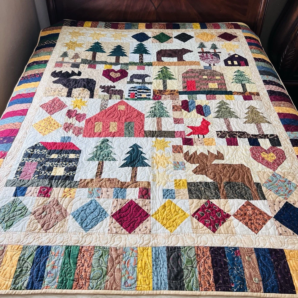 Edredón hecho a mano con temática de cabina - alces, árboles, casas - 64” x 80” - NUEVO Foto 1 de 4