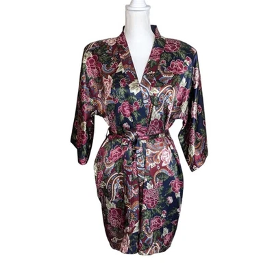 EUC Vintage California Dynasty Satin Short Robe Size M Navy Blue Mauve Floral  - Image 1 of 4