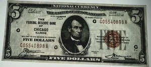 1929 $5 Five Dollar Federal Reserve Bank Note CHICAGO ILLINOIS “G” - Picture 1 of 3
