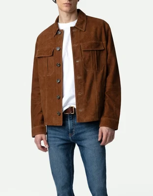 Mens Blue Pure Suede Leather Jacket Slim Fit Trucker Jacket Custom Size S M L XL - Image 1 of 3