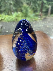 Signed Multi-Color Art GES Glass Eye Studio Egg Paperweight Bubbles Gold/blue 91 - Picture 1 of 10