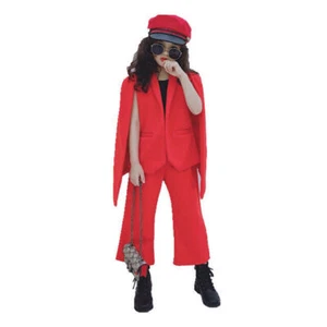 2 Pieces Red Kids Girls Catwalk show Performance Jacket suit + Pants Outfit Sets - Picture 1 of 8