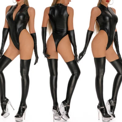 Damen Sexy Stringbody Kunstleder Wetlook Bodysuit Dessous Zipper Catsuit Outfit - Bild 1 von 4