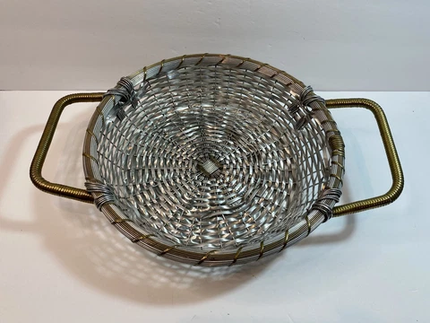 Vintage Aluminum and Brass Hand Woven Metal Round Basket With Handle 10" Cover