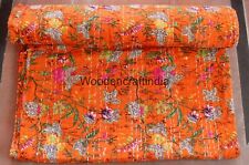 Beautiful Orange Color Block Printed Kantha Blanket Floral Print Bedspreads,