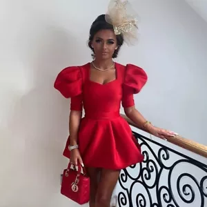 Simple Red Short Prom Dresses Puffy Sleeve Zipper Back Pleated Satin Party Gowns - Picture 1 of 12