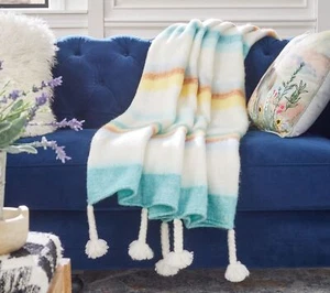 Sister Road by JG 60"x70" Striped Faux Mohair Throw in Blue Stripes - Picture 1 of 3