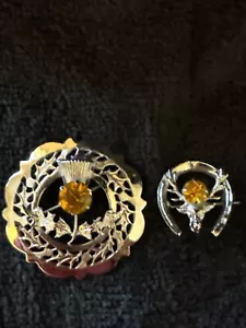 2 Vintage Signed Mizpah Scottish Thistle Pin Amber Stone Brooch - Picture 1 of 7